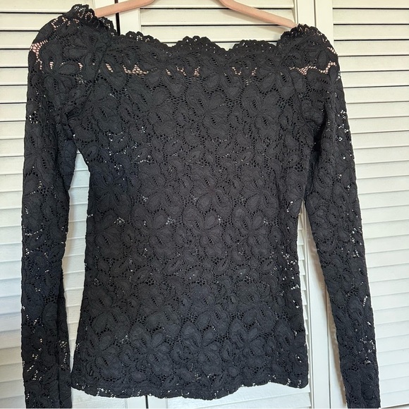 PattyBoutik Tops - Sheer Black Lace Long Sleeve Top Floral Scalloped Neck Size S